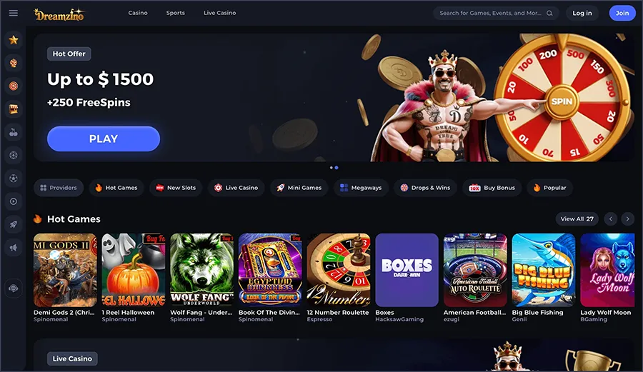 Compact overzicht van de hoofdrubrieken van Dreamzino Casino